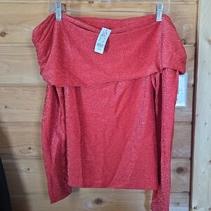 New York & Company Red Glitter Off-Shoulder Top